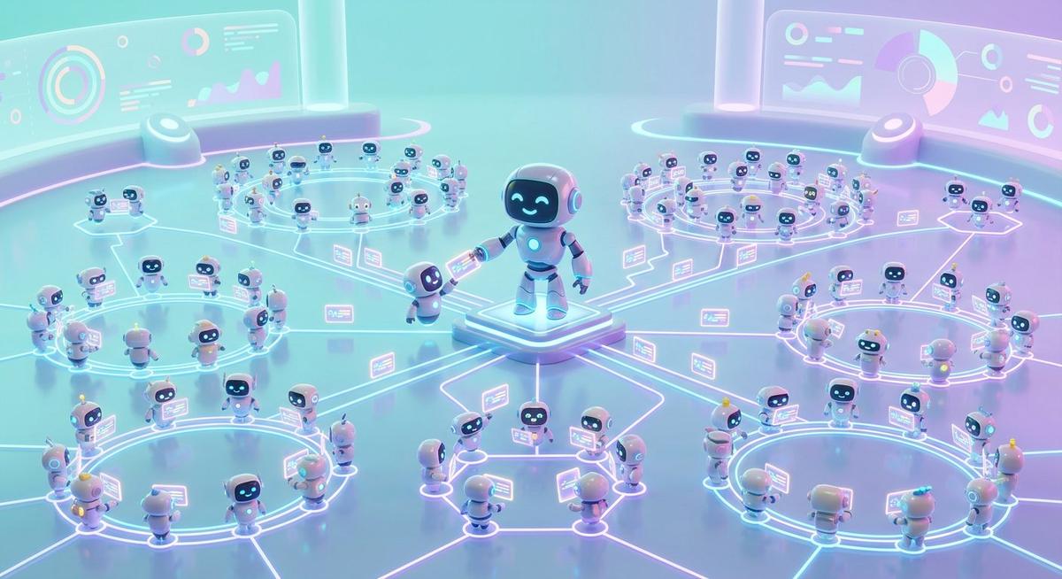 Robot coordinateur distribuant des tâches à des cercles de petits robots