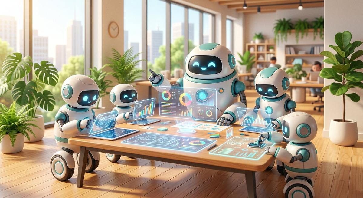 Une équipe de robots assistants collabore autour d'une table couverte de documents et d'écrans