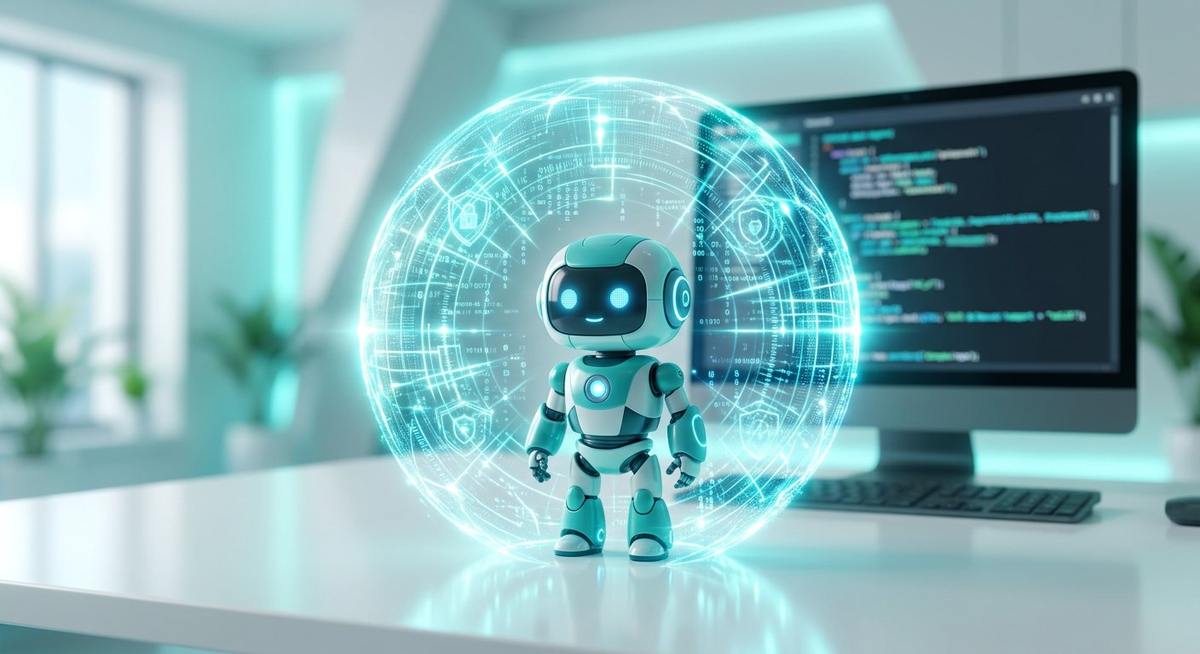 Bouclier lumineux protégeant un petit robot devant un terminal