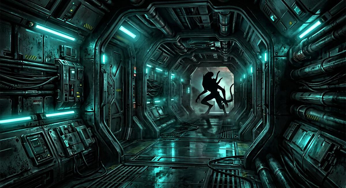 Couloir de vaisseau spatial avec une silhouette d'alien