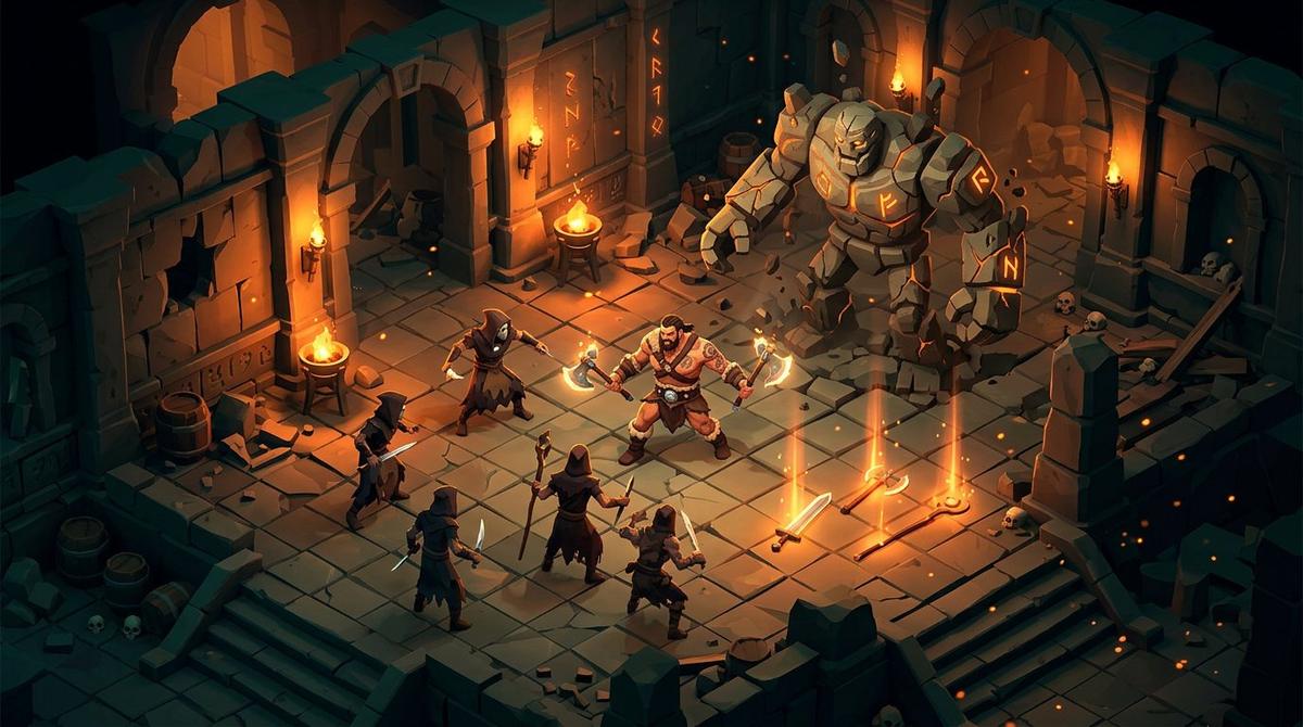 Berserker et gardien de pierre dans les ruines isométriques d'Arkhantis