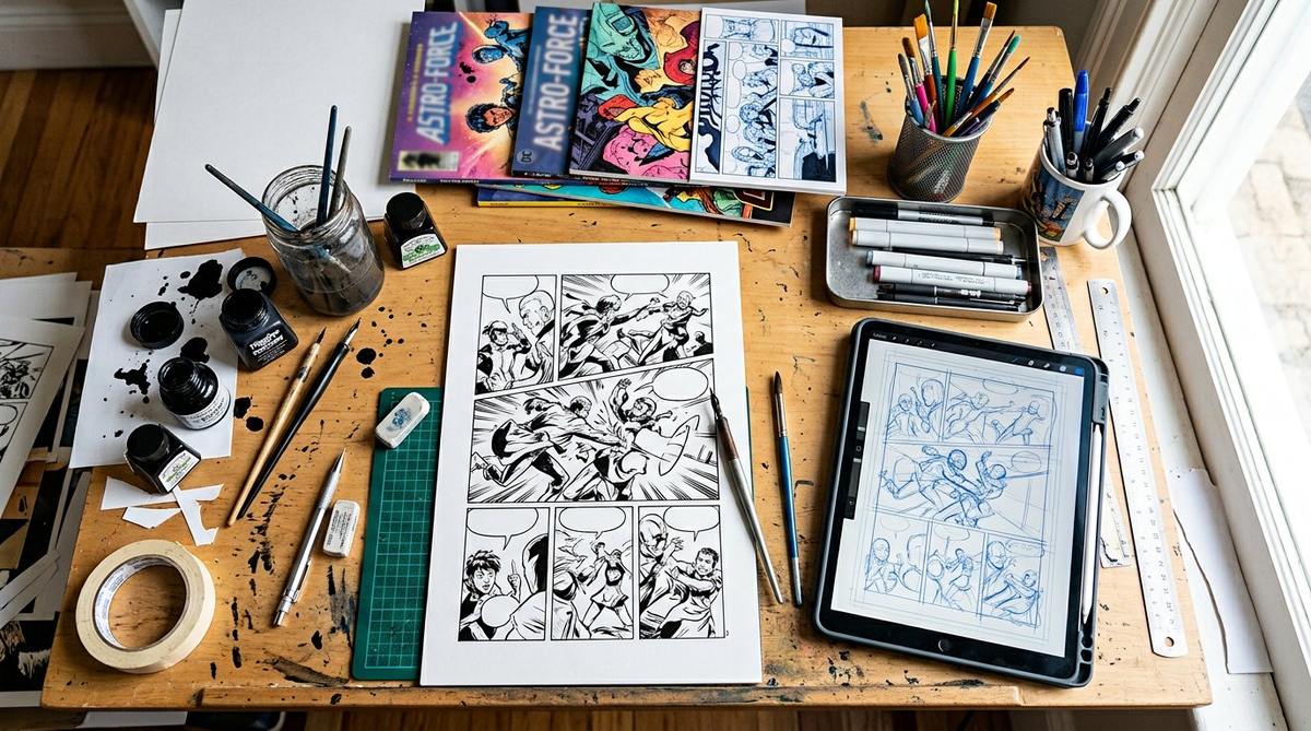 Planches de bande dessinée, encres et pinceaux sur une table