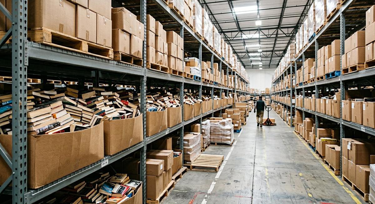 Entrepôt de livres et cartons empilés