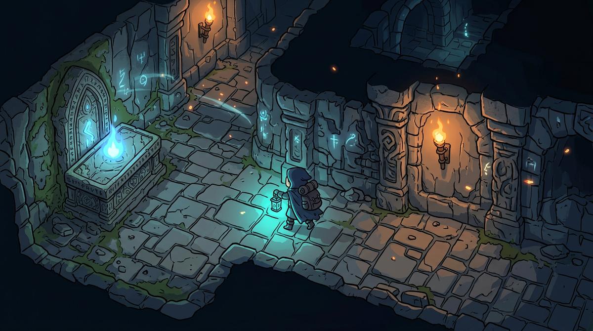 Explorateur à la lanterne dans des cryptes éclairées de torches