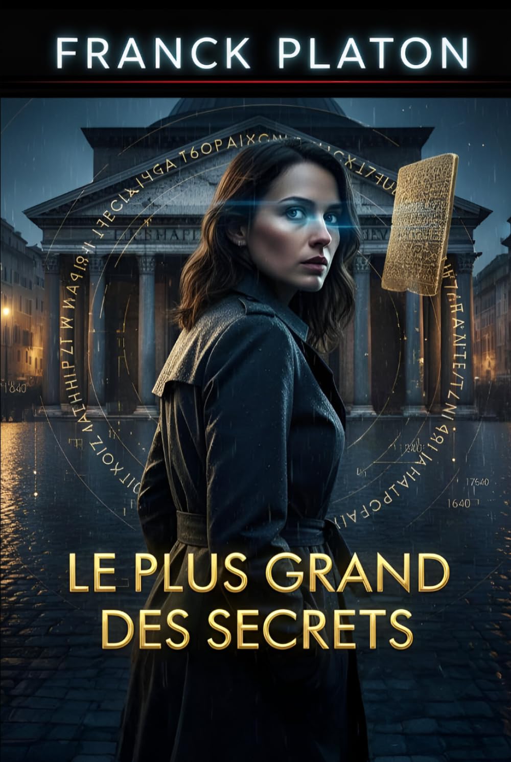Couverture du roman « Le Plus Grand des Secrets » de Franck Platon : une femme en trench sous la pluie devant le Panthéon de Rome, tablette d or et cercle de lettres grecques