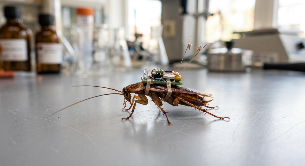 Cafard équipé d'un petit sac à dos électronique en laboratoire