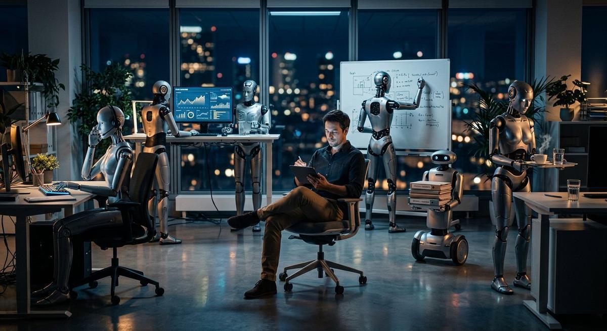 Dans un open space futuriste, six robots-collaborateurs travaillent pendant qu’un humain calme supervise depuis un fauteuil central