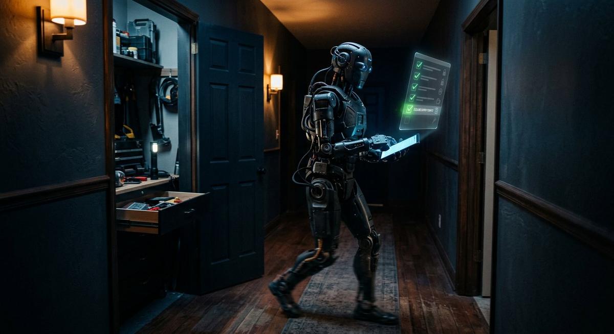 Robot agent en marche décidée dans un couloir, liste de vérifications lumineuse flottant devant lui