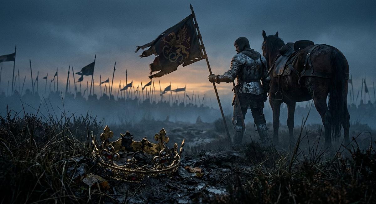 Couronne d’or tombée dans la boue, chevalier en armure et bannière déchirée dans la brume