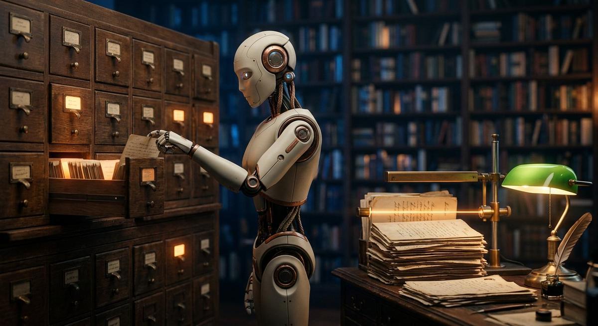 Robot bibliothécaire glissant un dossier dans un meuble-index aux cartes lumineuses