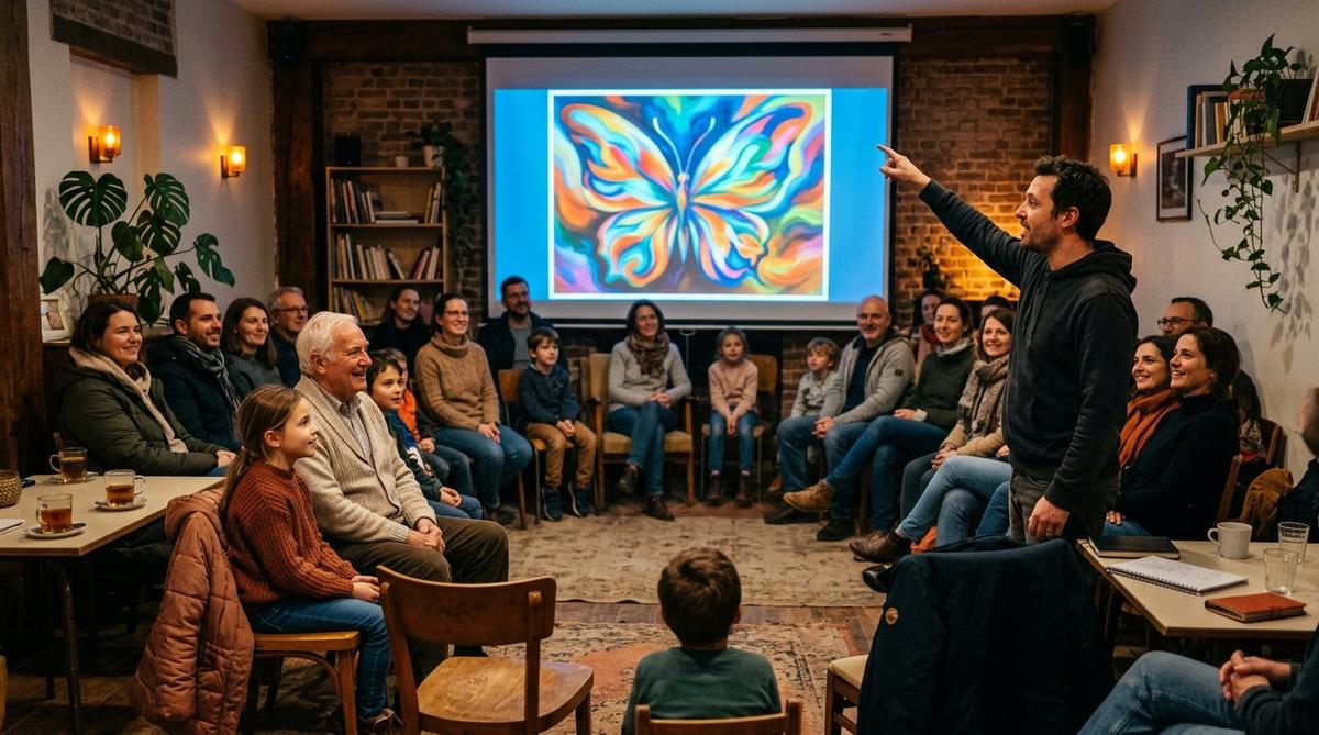 Un cercle de générations différentes découvre la création d'une image par IA lors d'un atelier associatif en soirée
