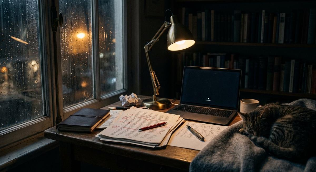 Bureau de romancier sous la pluie : pages annotées, lampe chaude, chat endormi