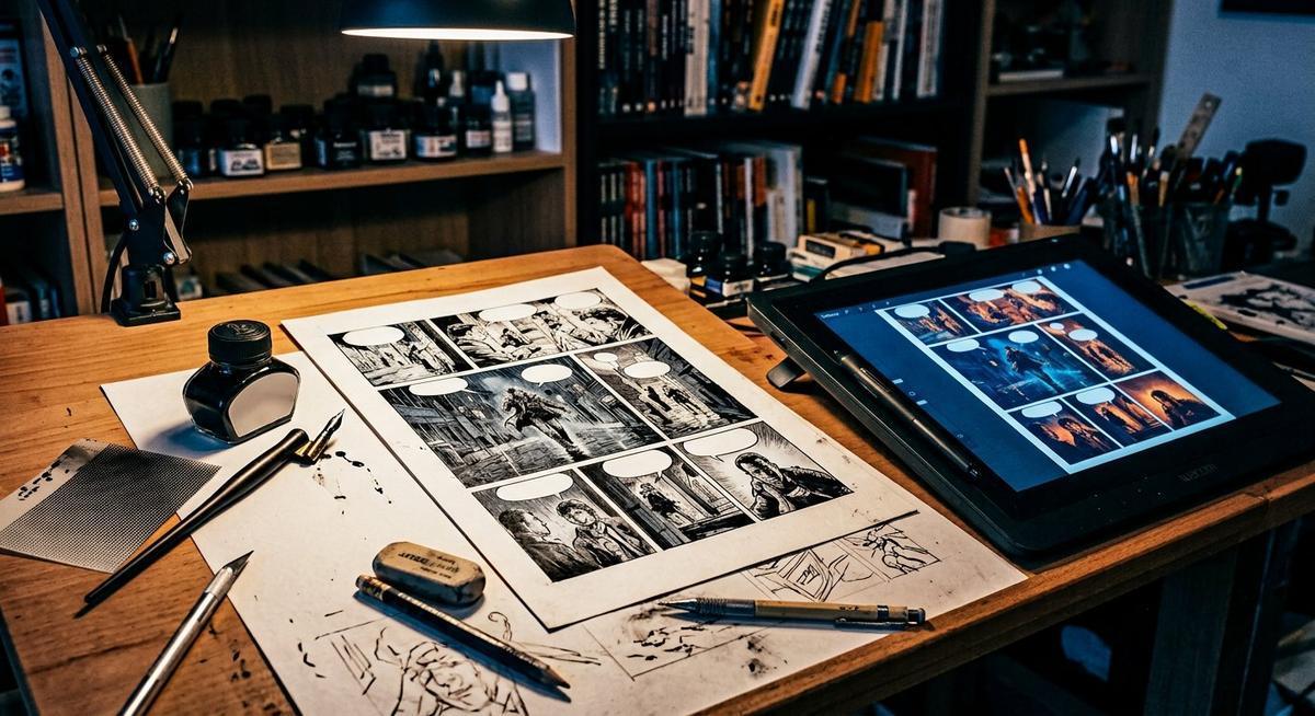 Planches de bande dessinée encrées aux bulles vides sur un bureau d auteur, tablette colorisée à côté