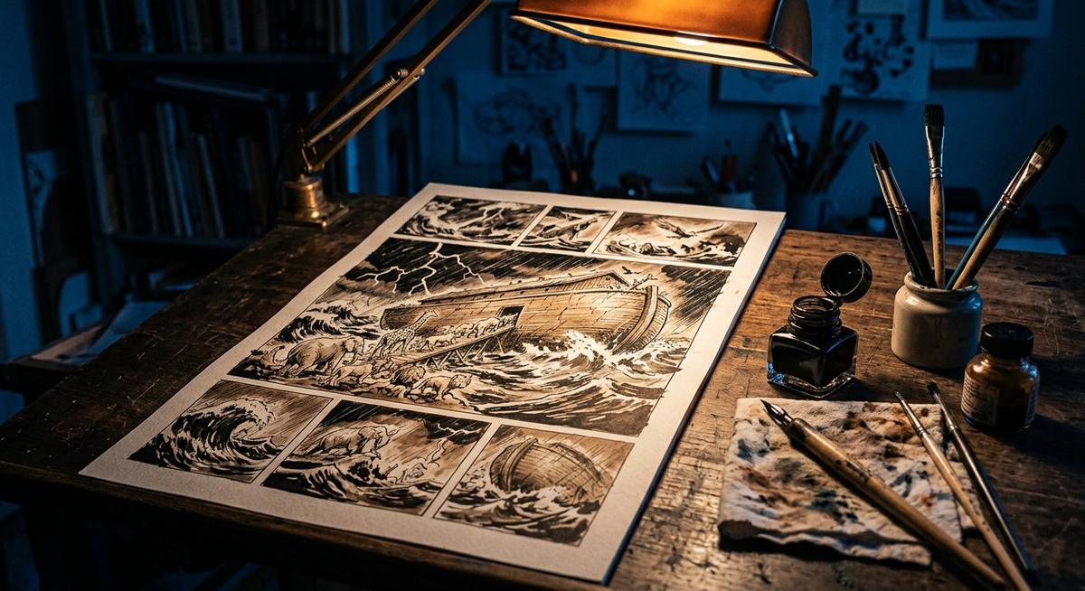 Planche de bande dessinée de l'arche de Noé sur mer déchaînée, encre et lavis sépia