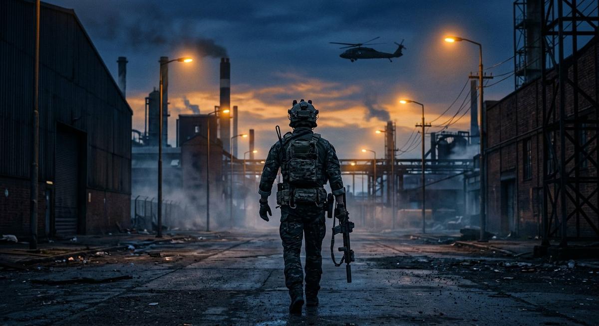 Opérateur des forces spéciales de dos dans un secteur industriel au crépuscule, hélicoptère au loin