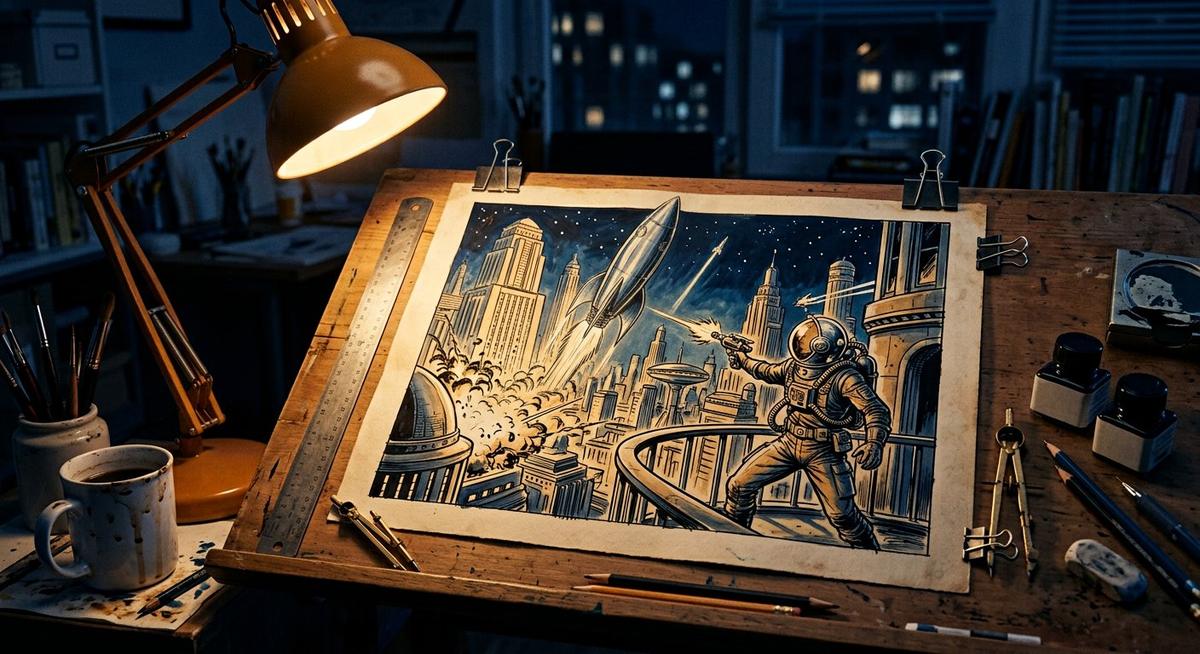 Planche BD rétro-futuriste : fusée art déco et héros en combinaison vintage