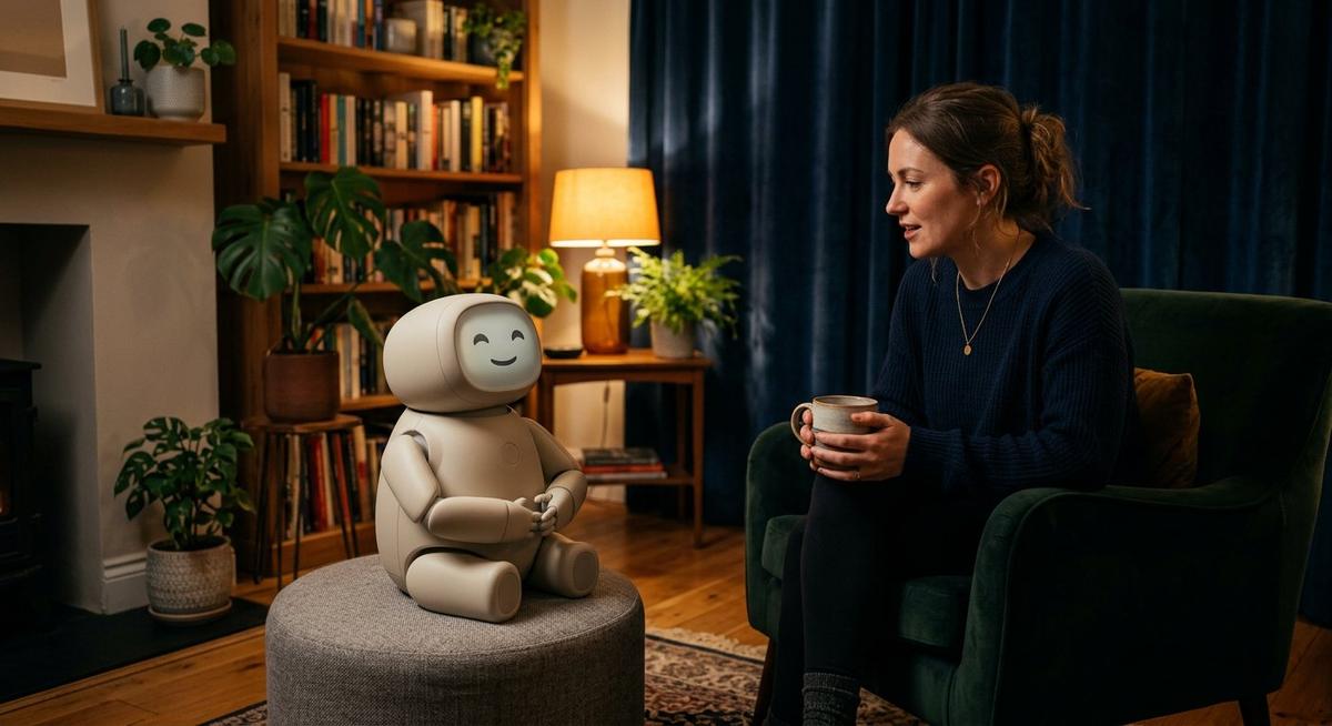 Robot assistant assis sagement dans un salon, écoutant une personne qui lui parle