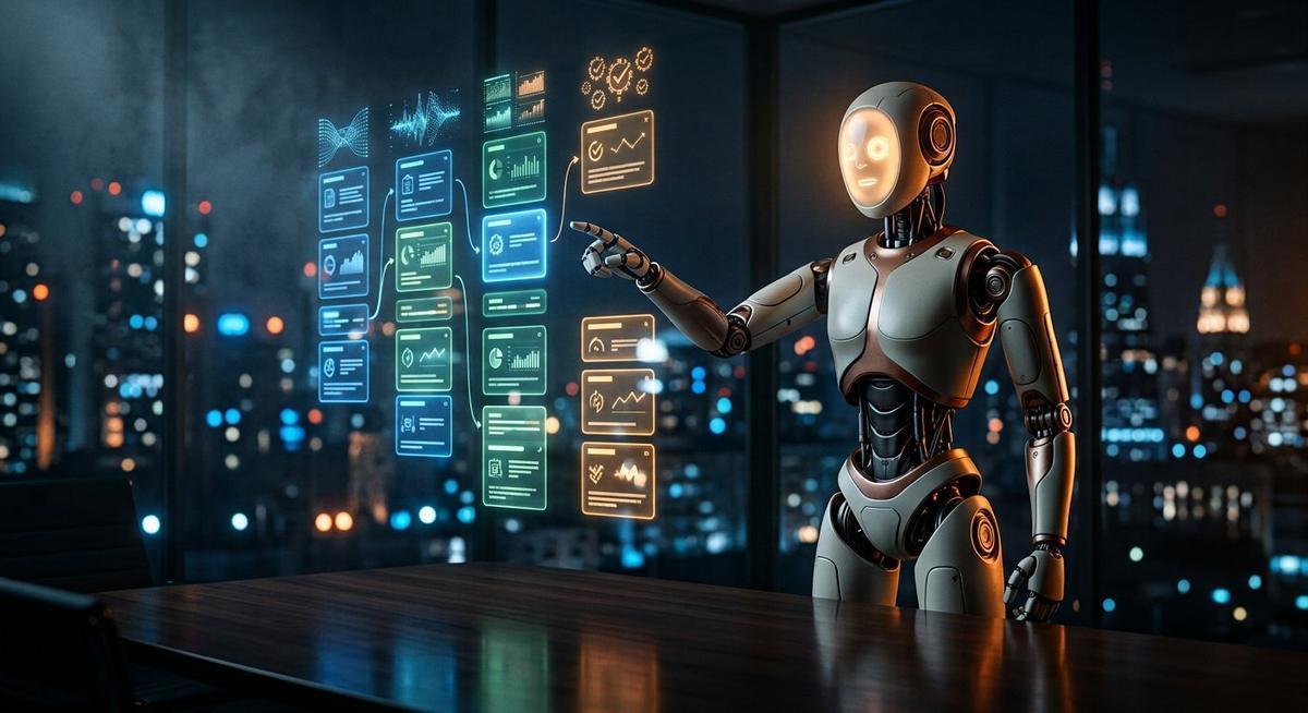 Robot coordinateur organisant des cartes de tâches sur un tableau holographique