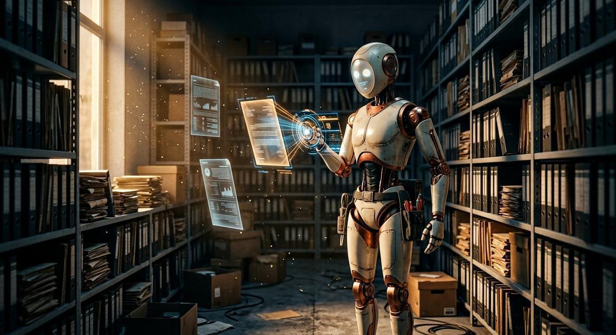 Robot chercheur examinant des documents en hologramme dans des archives