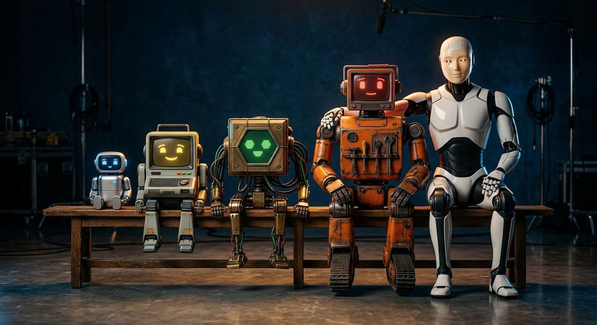 Portrait de famille de cinq robots de générations et styles différents posant sur un banc