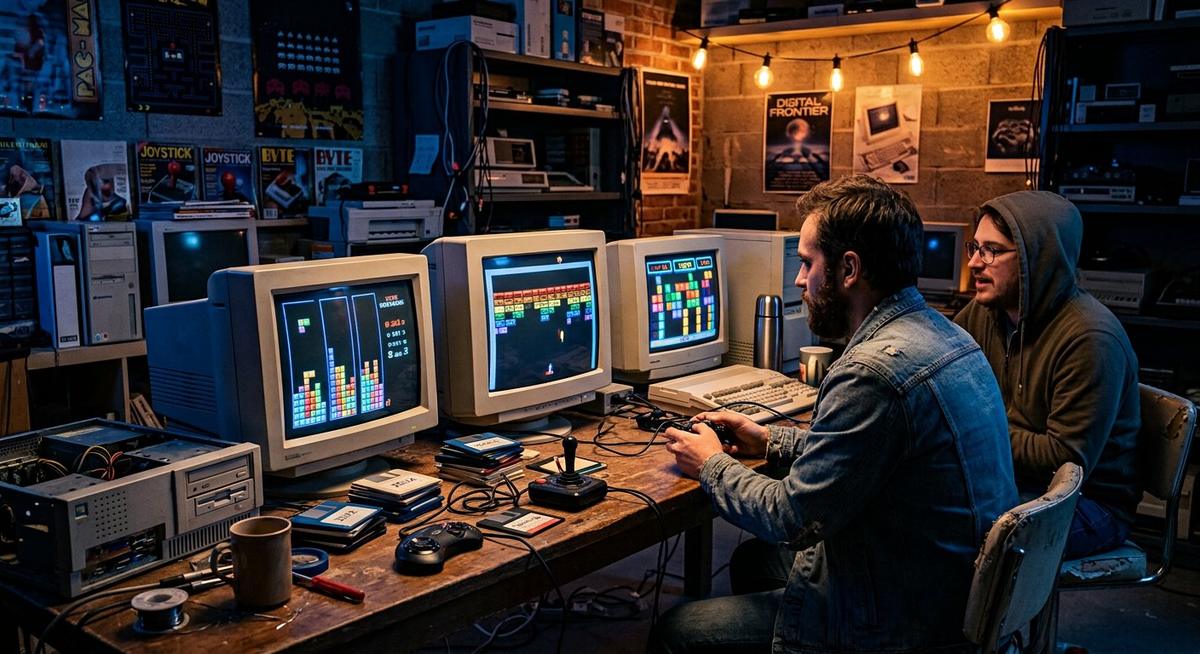 Trois écrans cathodiques vintage allumés sur des jeux de blocs, disquettes et manettes dans un atelier associatif