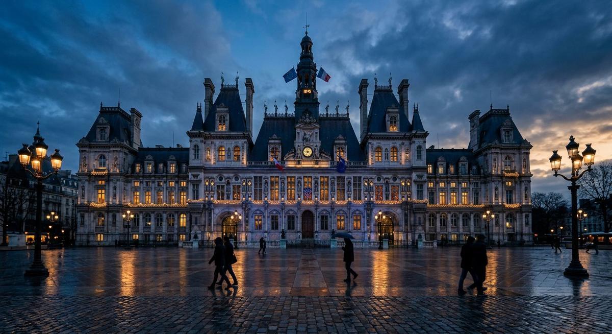 Hôtel de ville français en pierre de taille au crépuscule bleu, drapeaux flottants