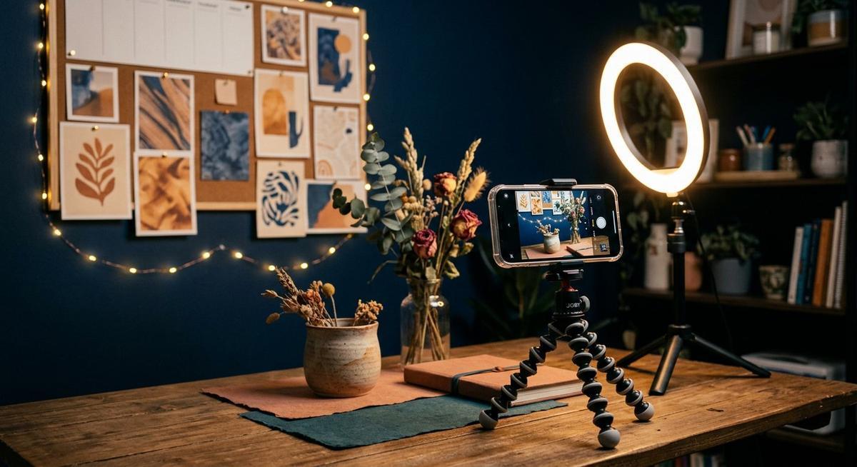 Smartphone sur trépied filmant une nature morte soignée dans un petit studio de créateur