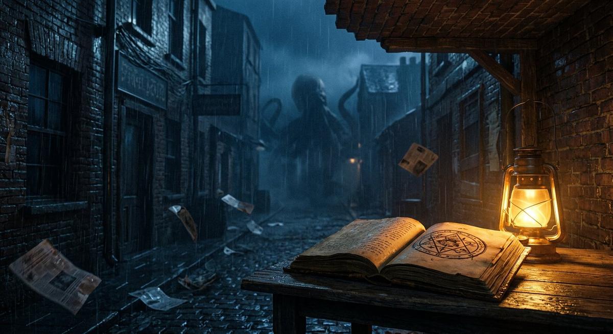 Grimoire ouvert sous une lampe de tempête dans une ruelle d’Arkham plongée dans le brouillard
