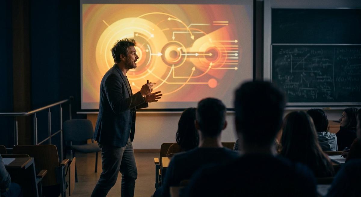 Enseignant projetant un diagramme vivant devant des étudiants en silhouette