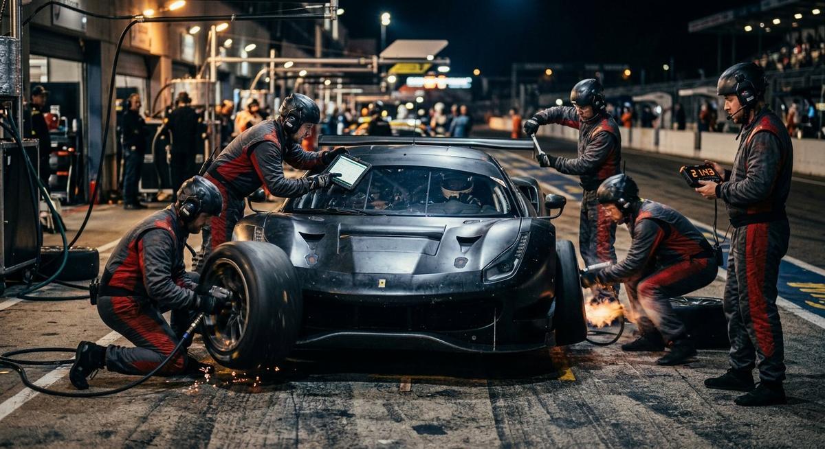 Cinq mécaniciens travaillant simultanément sur une voiture de course lors d un arrêt au stand nocturne