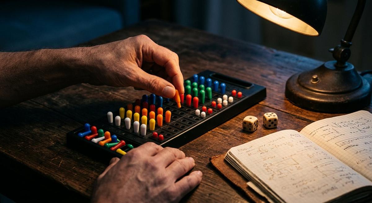 Planche de logique aux pions colorés, main hésitant entre deux pions sous lumière rasante
