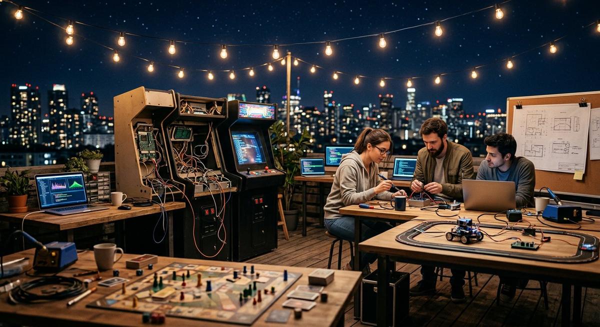 Atelier de créateurs de jeux sur un toit-terrasse étoilé, prototypes et machines ouvertes