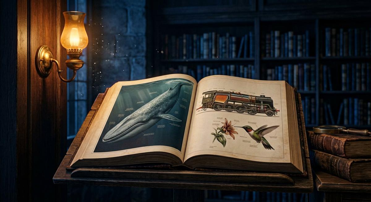 Volume encyclopédique ouvert sur des planches hyperréalistes : baleine, locomotive, colibri