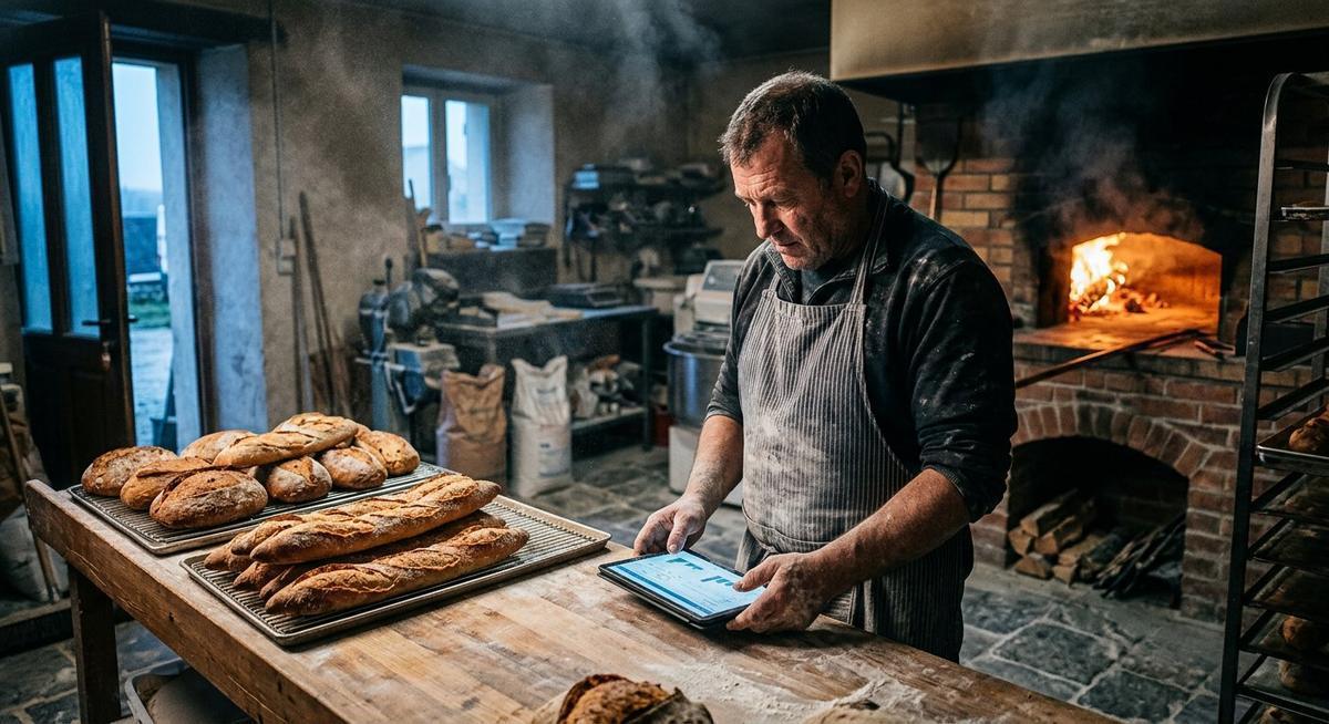 Boulanger consultant un tableau de bord lumineux à l aube parmi les pains chauds
