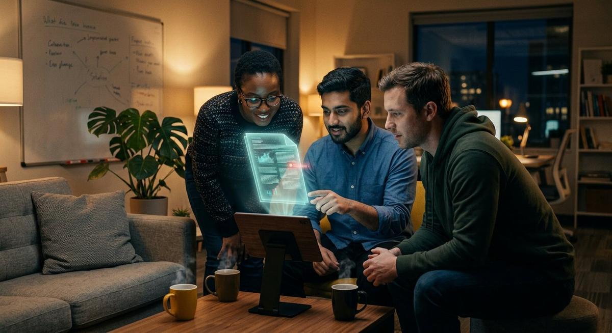 Trois collègues interrogeant une borne dont s élève un hologramme de document surligné