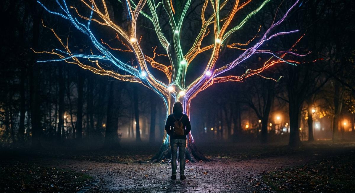 Arbre aux branches lumineuses multicolores, personne hésitant à la fourche centrale