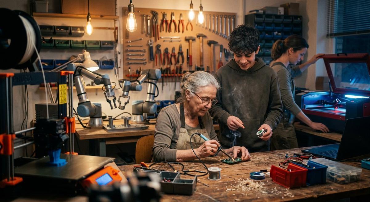 Dans un atelier chaleureux, humains de tous âges et petits robots construisent ensemble : imprimante 3D, découpe laser, fer à souder