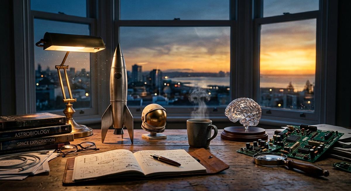 Bureau de veille scientifique à l aube : fusée miniature, cerveau de verre, circuits, tasse fumante