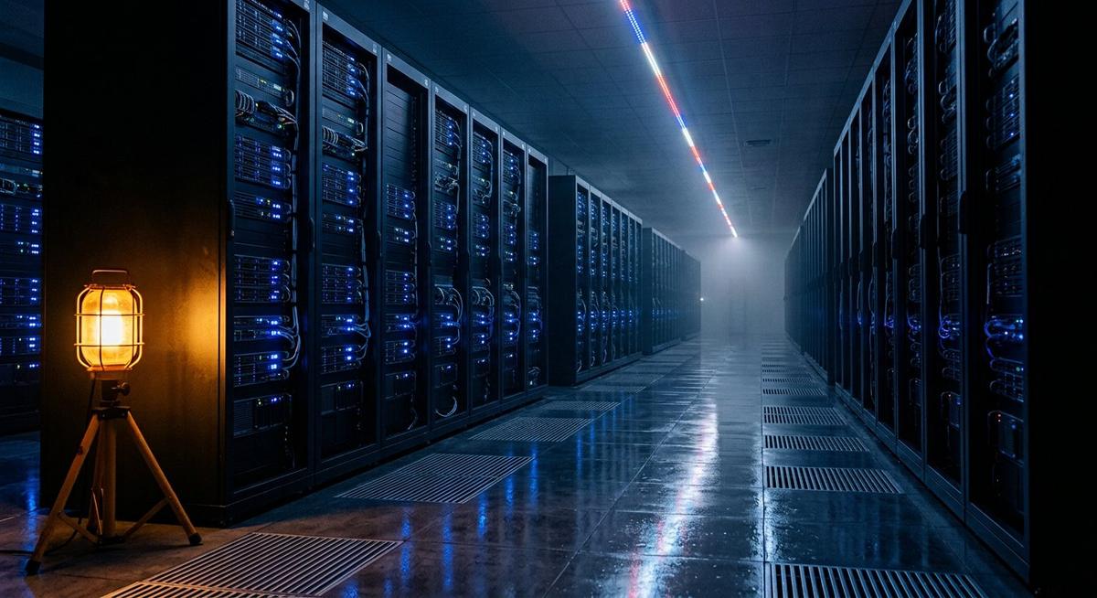 Couloir de datacenter aux diodes bleues, ligne LED bleu-blanc-rouge au plafond