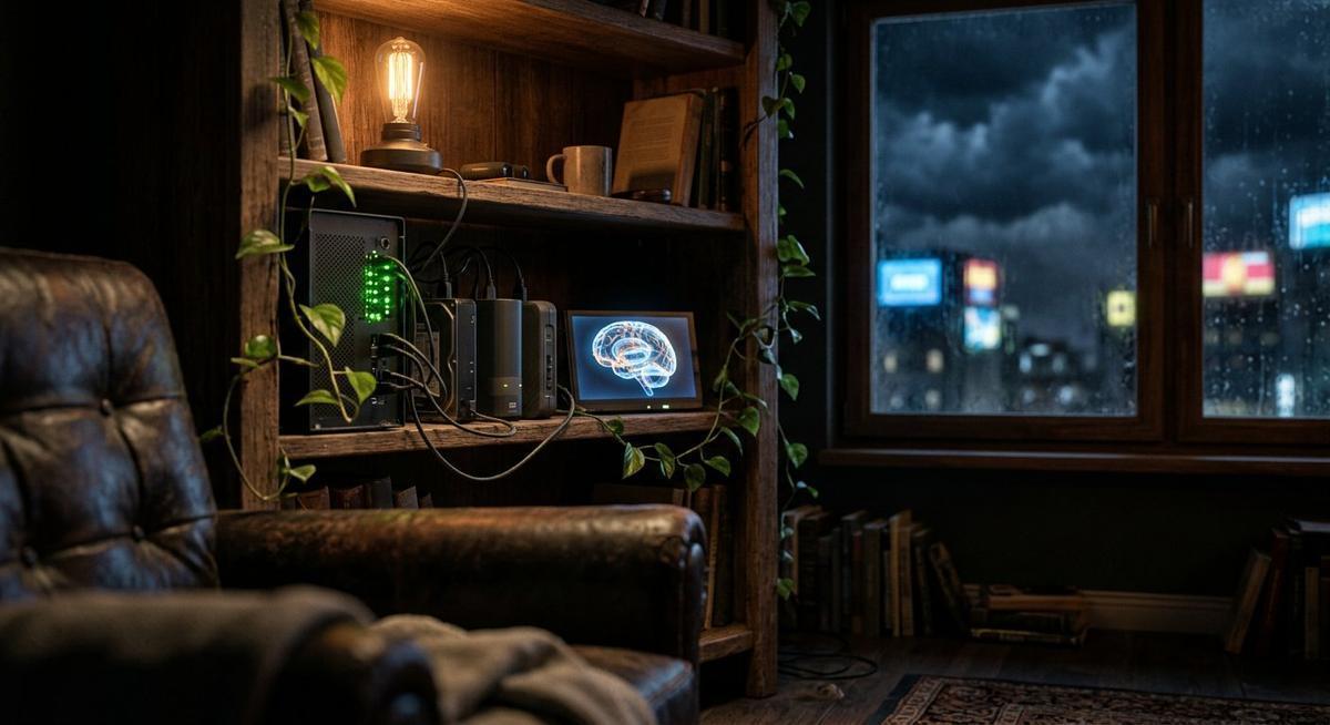 Un mini-serveur aux diodes vertes sur une étagère de salon, un petit écran montrant un cerveau lumineux, une plante et une lampe chaude