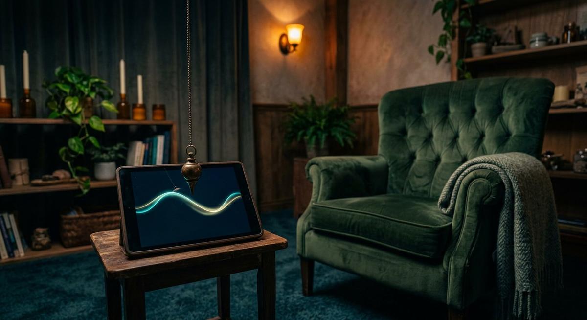 Pendule de laiton suspendu au-dessus d une tablette affichant une onde apaisante, fauteuil en velours