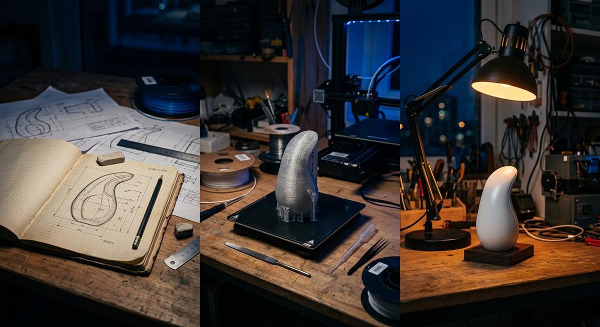 La même forme à trois stades sur une table d'atelier : croquis au crayon, prototype 3D, produit finalisé blanc