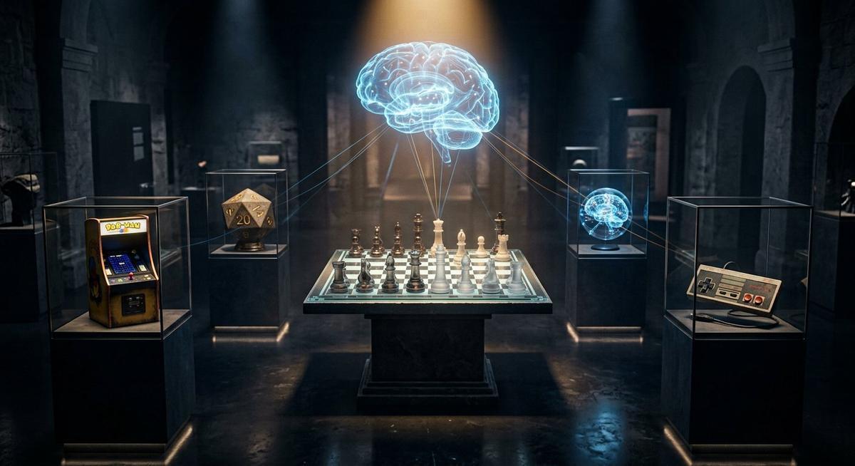 Un plateau d’échecs lumineux entouré de médaillons : vaisseau d’arcade, dé géant, manette rétro, reliés à un cerveau-circuit