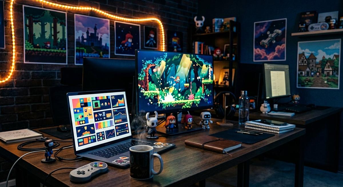 Bureau de studio de jeu indépendant la nuit, laptop montrant une fiche de jeu colorée