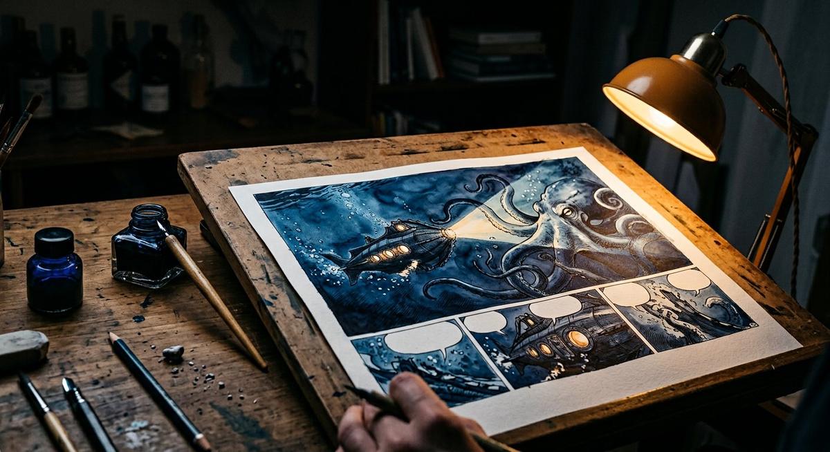 Planche BD : le Nautilus face à une pieuvre géante sous les projecteurs
