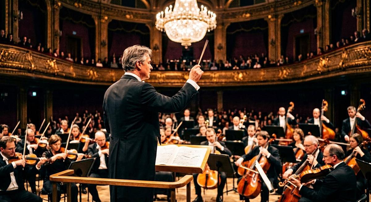 Chef d orchestre baguette levée face à son orchestre en éventail sous un lustre