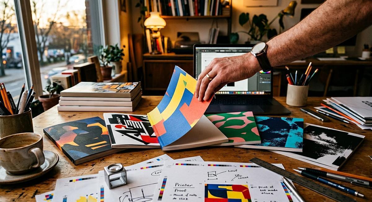 Couvertures de livres fraîchement imprimées en éventail sur une table de directeur artistique