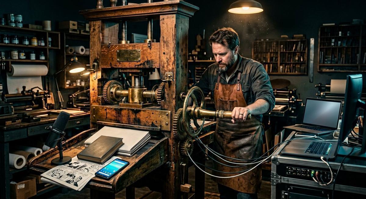 Une presse d’imprimeur transformée en machine hybride déverse journaux, livres, BD, casque de podcast et smartphone sur un tapis lumineux