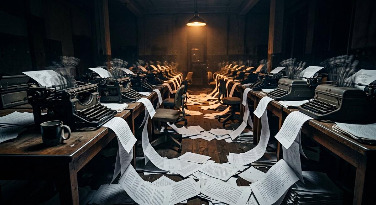Salle de machines à écrire vintage tapant seules la nuit, pages en cascade