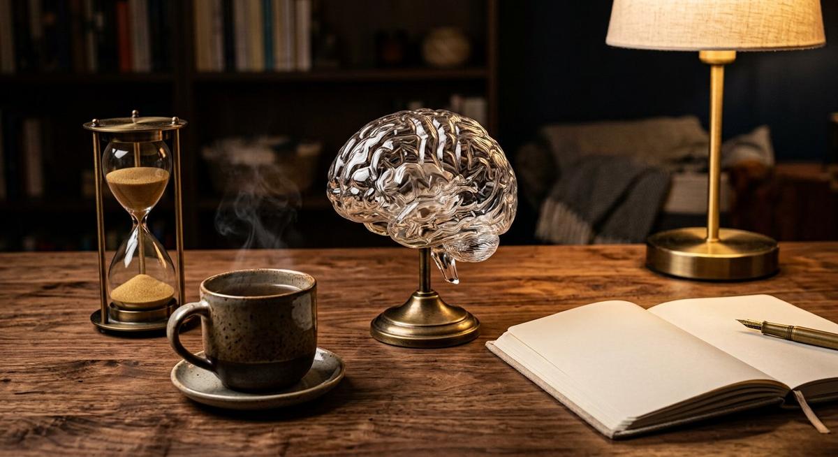 Cerveau de verre sur socle de laiton à côté d un sablier et d un carnet d habitudes coché